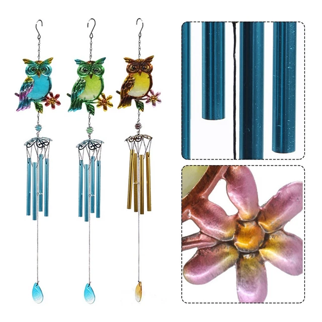 Vibrante campana de viento búho con tubos de vidrio de tres colores deliciosa adición de jardín