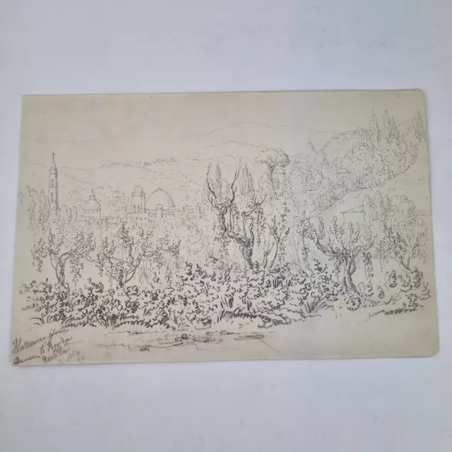 Antique 19th Century Pencil Landscape Study Florence 1864