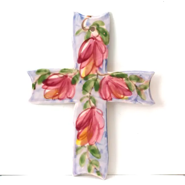 Ceramic Hand Painted Cross Signed 9.75" x 7.5" Art Pottery Wall Decor Floral