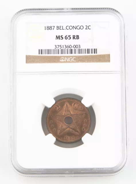 1887 Belgian Congo Free State 2 Centimes Coin MS-65 RB NGC Leopold II KM-2