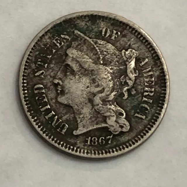 1867 VF U.S. nickel three-cent piece, semi-dark, micro-porosity. 3c. #e10