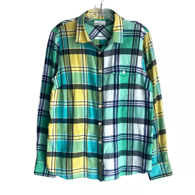 J Crew Women's Flannel Shirt Size 12 Boy Fit Plaid Stretch Long Sleeve Green