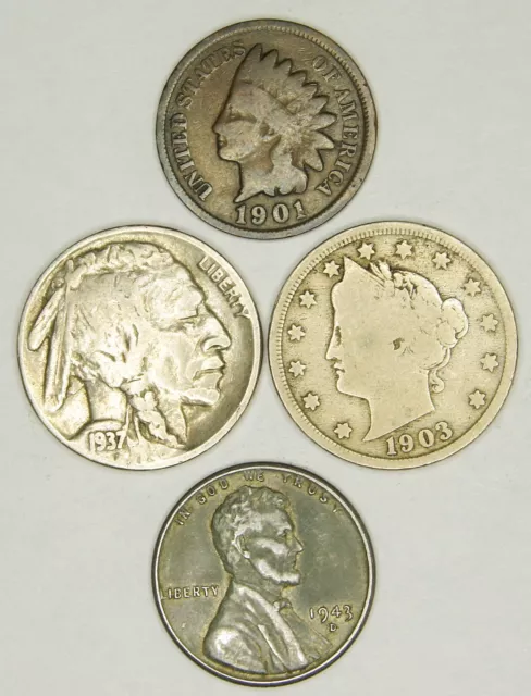 Liberty V Nickel (4) Lot - Buffalo Steel Wheat Indian Head Mixed Old US Coins