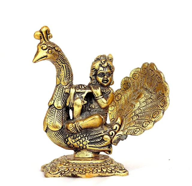 Laddu Gopal Jouer Flûte Sur Paon Décoratif Métal Modèle Statue Doré