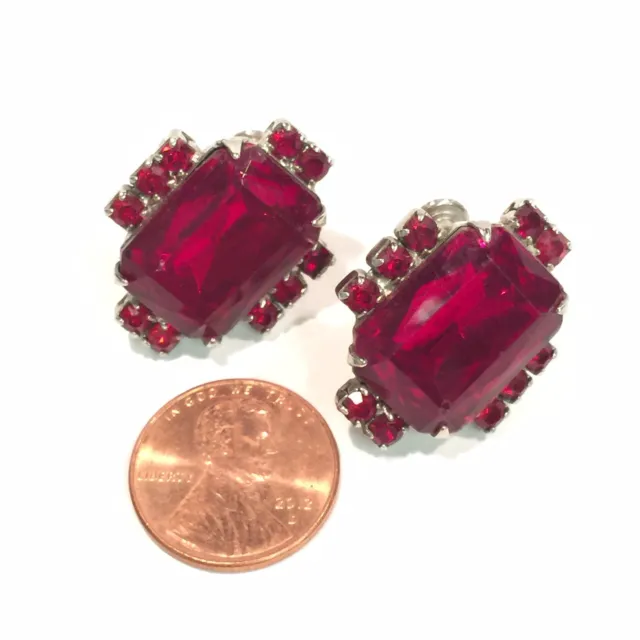 Vintage Earrings Ruby Red Emerald Cut & Square  Glass Prong Set Screw Back 1"