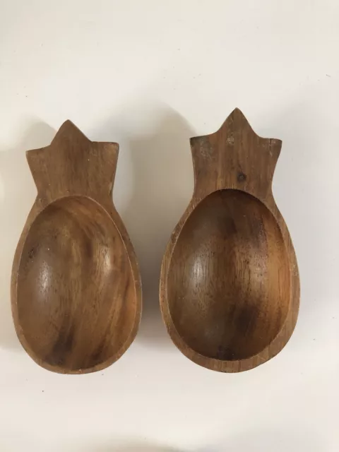 Pair of Pineapple Monkey Pod Dishes Carved Wood Small 15cm