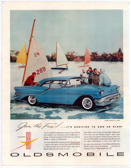 Print Ad Oldsmobile Super 88 Holiday Coupe 1957 Ice Sailing Full 13.5"x10.5"