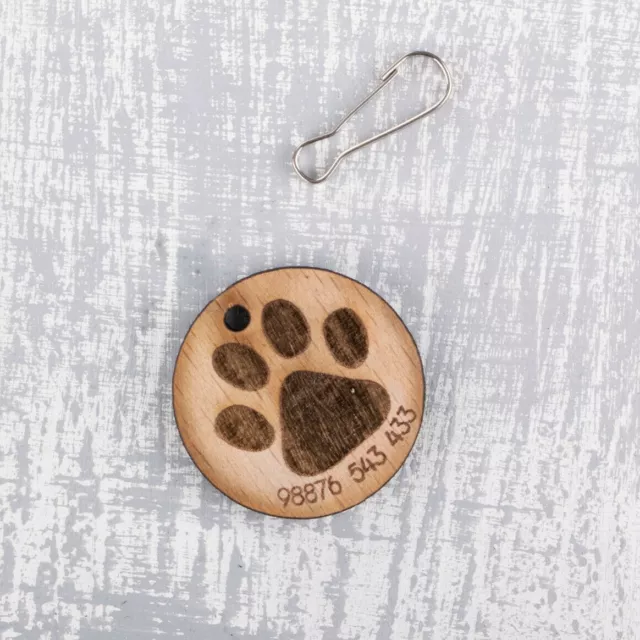 Personalised Engraved Wooden Pet ID Collar Tags Cat Dog  30mm Large Paw Print