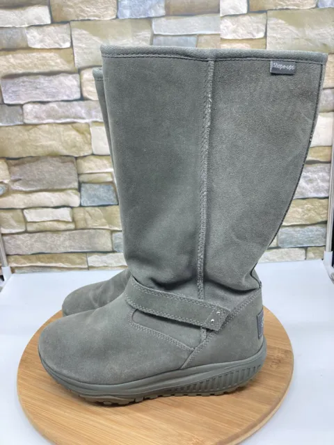 Skechers Womens Shape Ups Gray Leather Fur lined XF Wedge Toning Boots Size 6