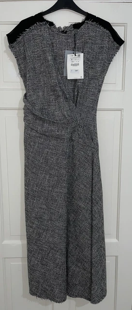 ZARA GREY BLACK Tweed Wool Blend Midi Dress With Pleats, Flared Hem Size M  Bnwt 29.99 - PicClick UK