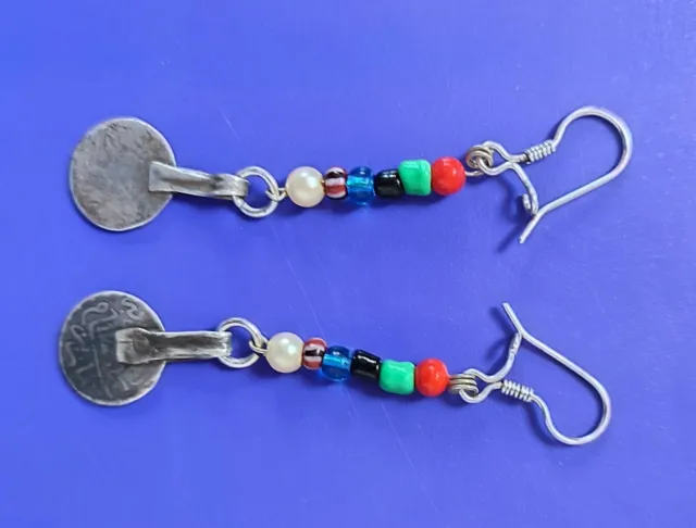 Morocco  Maroc Marokko berber Earrings , colorful beads and old silver coins