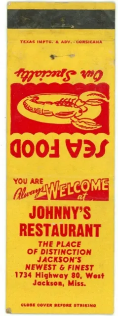 Johnny's Restaurant, Seafood Specialty In Jackson, Miss Vintage Matchbook Cover