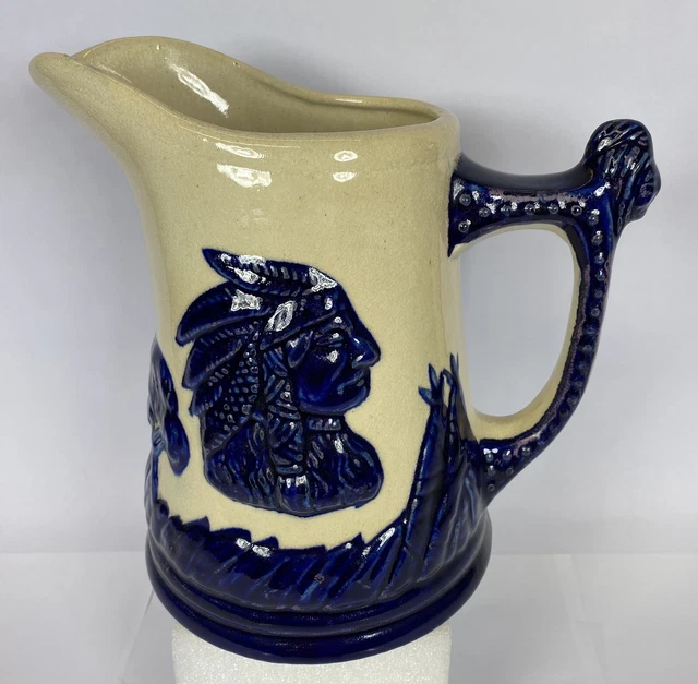 VINTAGE OLD SLEEPY Eye Indian Chief Cobalt Blue /Cream 8.5” Pitcher