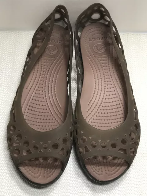 Crocs Womens Adrina Bronze Jelly Peep Toe Slip On Ballet Flat Comfort Shoes Sz 9