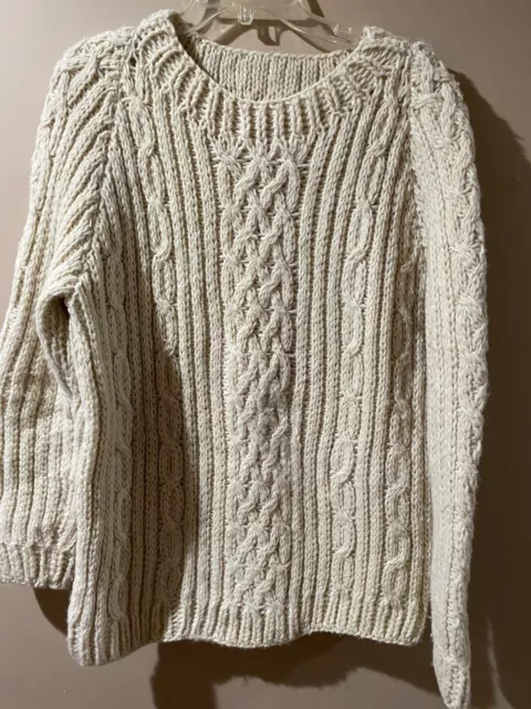 Women’s Vintage 80s Hand Knit Sweater Wool Crewneck Off White / Cream Size XL￼
