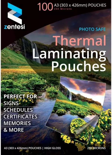 Zentesi A3 Laminating Pouches High Gloss Laminator Sheets 250 Micron (125 + 125