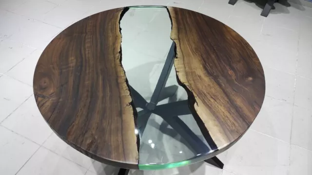 Round Walnut Wood, Clear Epoxy Dining Table, Round Epoxy Coffee Table Home Decor