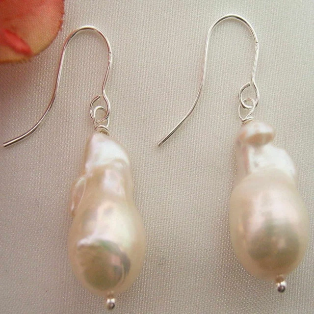 Fashion 19x12mm White Baroque Pearl 925 silver Earrings Mother's Day Ear stud