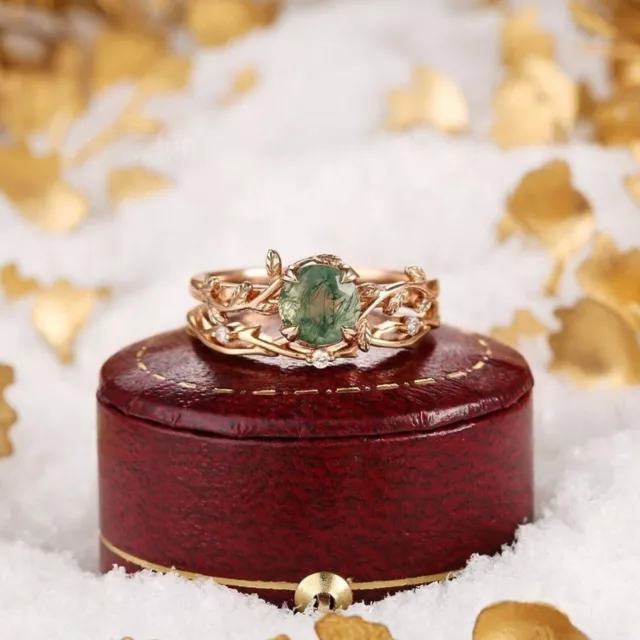 Dainty Twig Round Moss Agate Floral Engagement Ring Set 14K Rose Gold Filed Ring