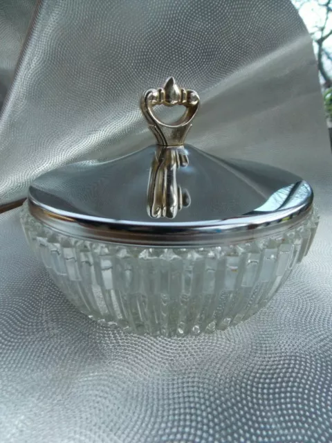 Bonbonnière Sucrier Drageoir Confiturier verre moulé couvercle en métal chromé