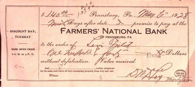Farmers National Bank Pennsburg PA Bank Check 1928