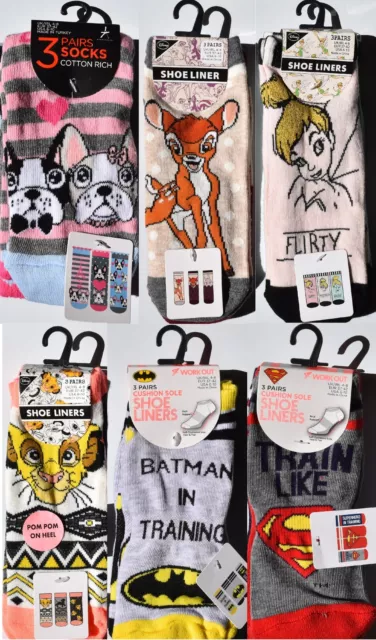 PRIMARK Women's Socks Shoe Liners Bambi Tinkerbell Lion King Superman Batman