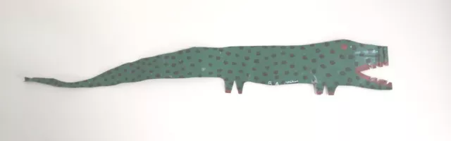 R A MILLER Outsider Visionary Folk Art "GREEN LIZARD"  Painted on Roofing Tin