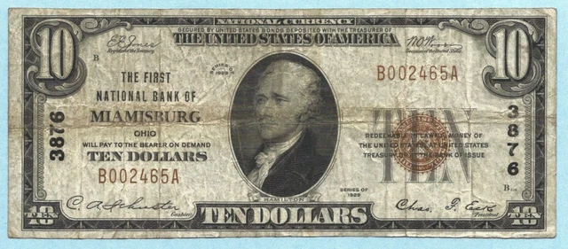 $10 National Currency 1929 - Type 1 - Ch#3876 - 1st NB, Miamisburg, OH - VF