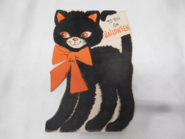 Old Vtg 1958 HALLOWEEN BLACK CAT FLOCKED GREETING CARD HALLMARK