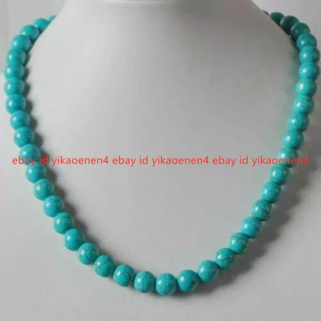 Natural 8mm Blue Turquoise Round Gemstone Beads Necklace 18" AAA