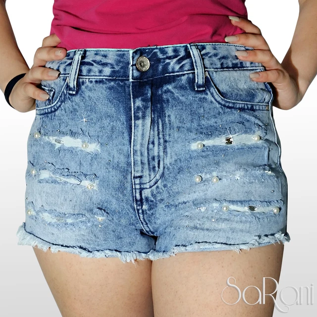 Shorts Donna Pantaloncini Jeans Vita Alta Sex Strappati Swarovski Perline SARANI