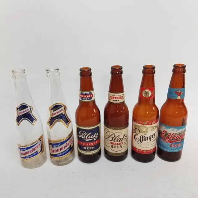 Bundle of 6 Vintage Glass Beer Bottles - Blatz, Braumeister & Effinger