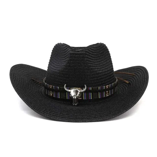 BLACK STRAW COWBOY, Cowgirl Hat, Western Longhorn Bull Strap Men Women ...