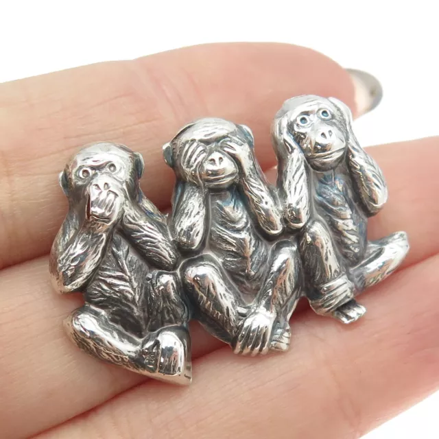 BEAU 925 Sterling Silver Antique Art Deco Three Wise Monkeys Pin Brooch