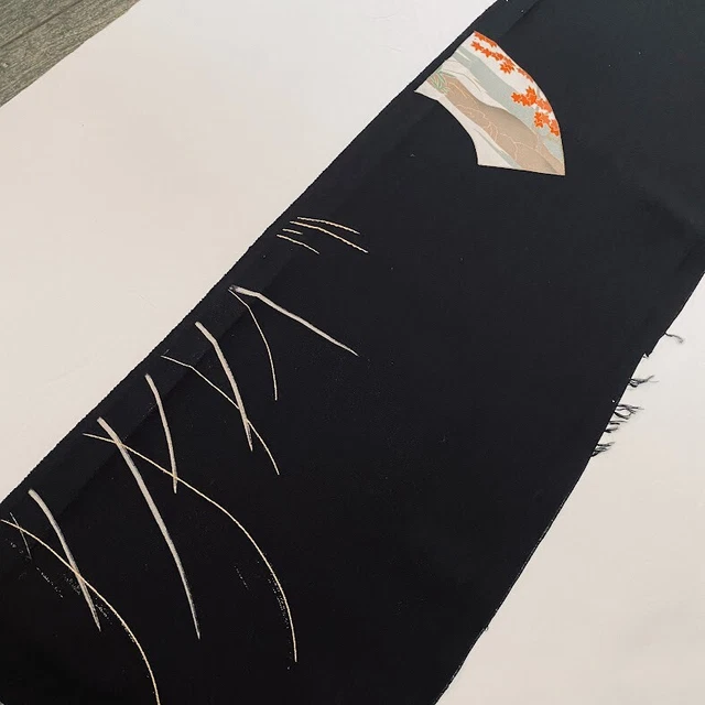 Wabisabi #F 7.5x60 LONG Vintage Hand Painted Tomesode Black Kimono Silk ToD97
