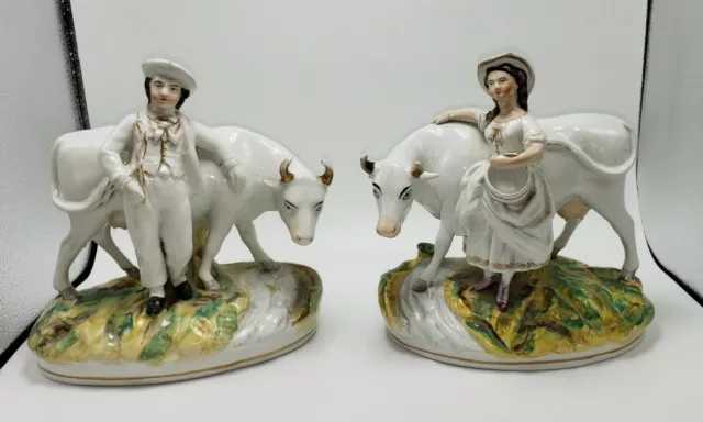 ANTIQUE STAFFORDSHIRE MILKMAID & HERD BOY Pair WITH COWS THOMAS PARR C 1860's