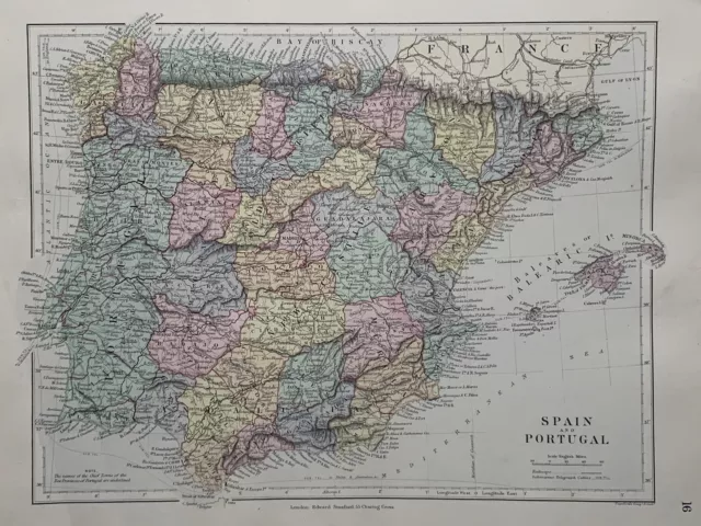 1882 Spain & Portugal Hand Coloured Original Antique Map by Edward Stanford