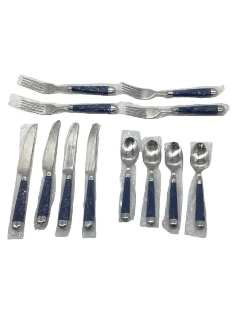 Gibson Flatware Stainless Silverware Blue Handles Set Of 12; Serving For 4