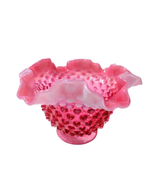 Vintage Fenton Hobnail Opalescent Ruffled Cranberry Pink Flared Neck Lamp Shade