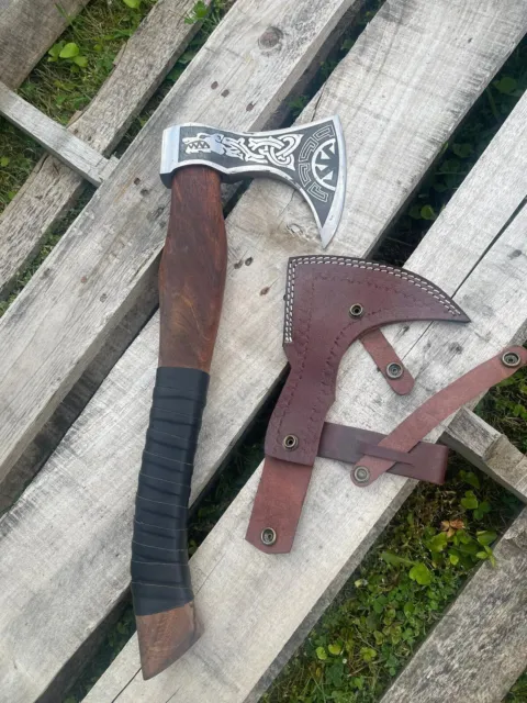 Handmade Etched High Carbon Steel Blade Viking Axe - Hand Carved Walnut Wood
