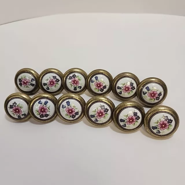 Vintage Porcelain brass floral drawer pull knobs pull handles. Lot of 12