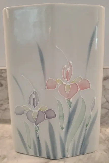 Vintage Floral Lite 7" tall Diamond Shaped Hand Painted Iris Vase Made in Japan