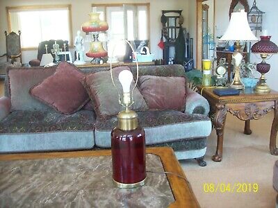 Arts & Craft Art Deco Style Vintage Ruby Red Glass & Brass Tall Table Lamp