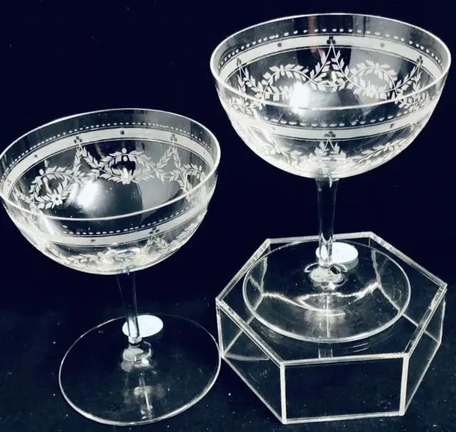 Crystal Champagne Sherbet Glasses Rare Unique Swag Laurel Etch Band Dots PAIR (2