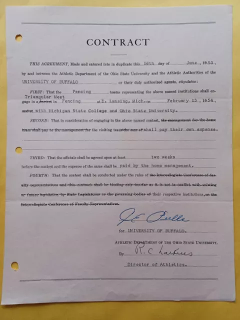 Jim Peele & Dick Larkins Signed Contract-University of Buffalo/Ohio State/Purdue