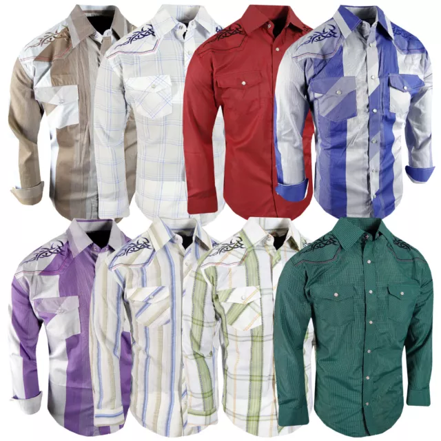 Mens Western Shirt Plaid Stripe Embroidered Cowboy Pockets Snap Up Rodeo