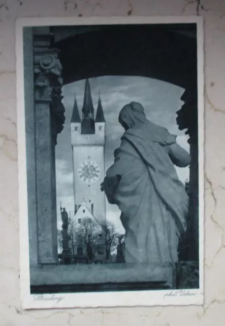 1(59) AK Straubing Blick durch die Dreifaltigkeitssäule auf den Stadtturm