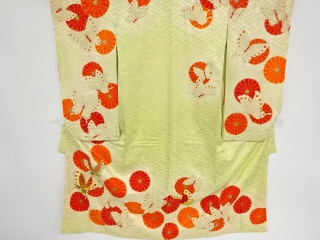 41892# Japanese Kimono / Antique Kimono For Girls / Embroidery / Chrysanthemum &