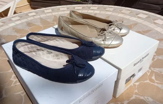 2 Russell & Bromley Girls Flat Ballet Shoes Size 1 Eu 33 & 1.5 Gold Navy Leather