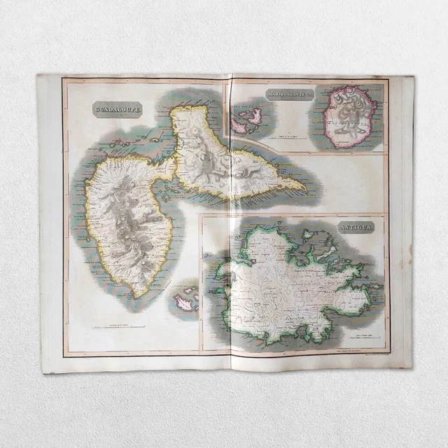 Antique 19Th Century Map John Thomson 1814 West Indies Guadeloupe Antigua